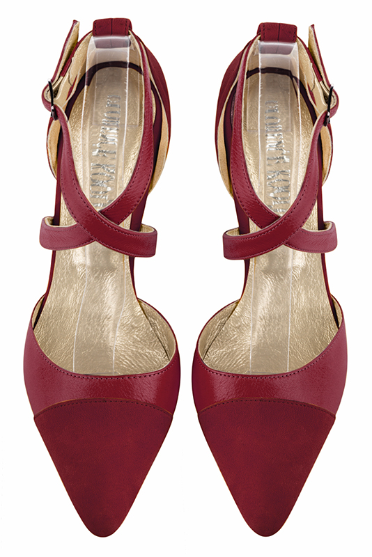 Cardinal red women's open side shoes, with crossed straps. Tapered toe. Medium comma heels. Top view - Florence KOOIJMAN